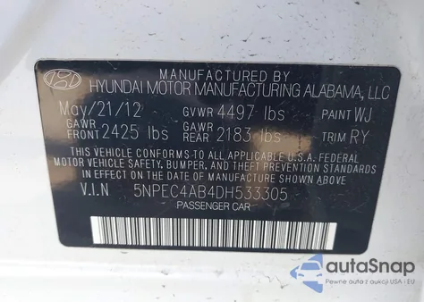 2013 Hyundai Sonata Se 2.0T из США, поврежденный, VIN 5NPEC4AB4DH533305